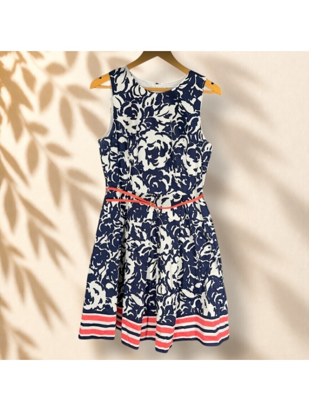 Liz Claiborne Dress Women 10 Blue Floral Sheath Midi Zipper Lined Belted Cotton